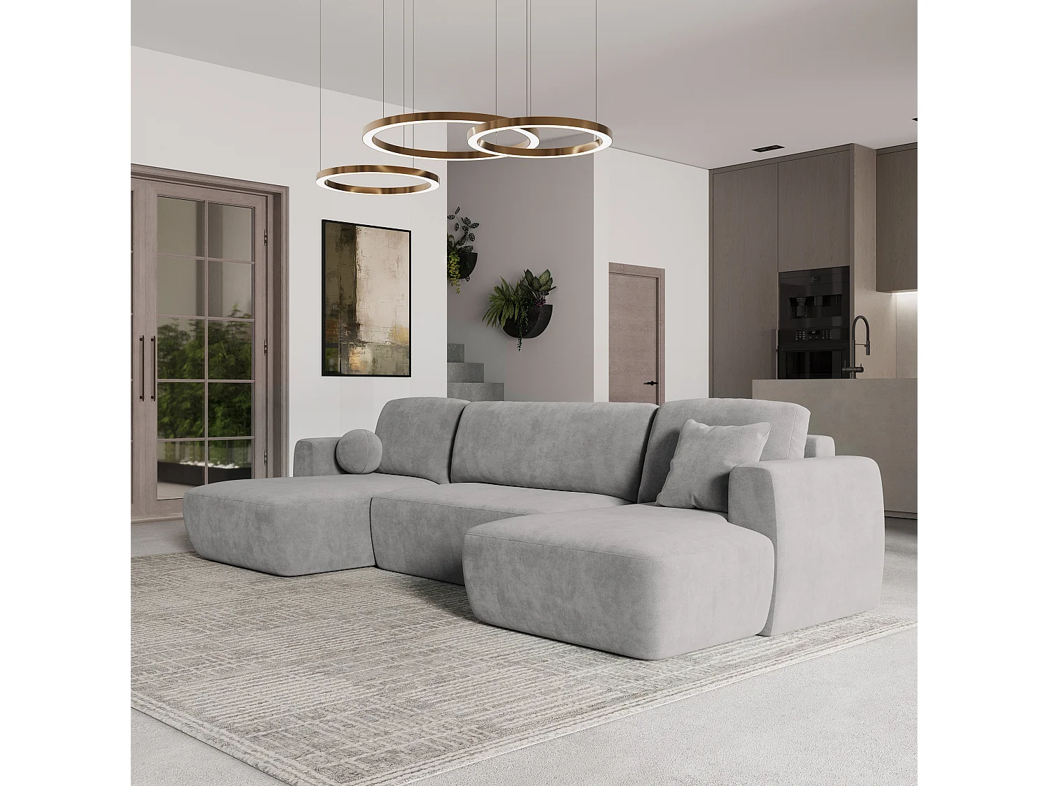 Canapé d'angle SENTUM Gris clair en peluche avec fonction de couchage