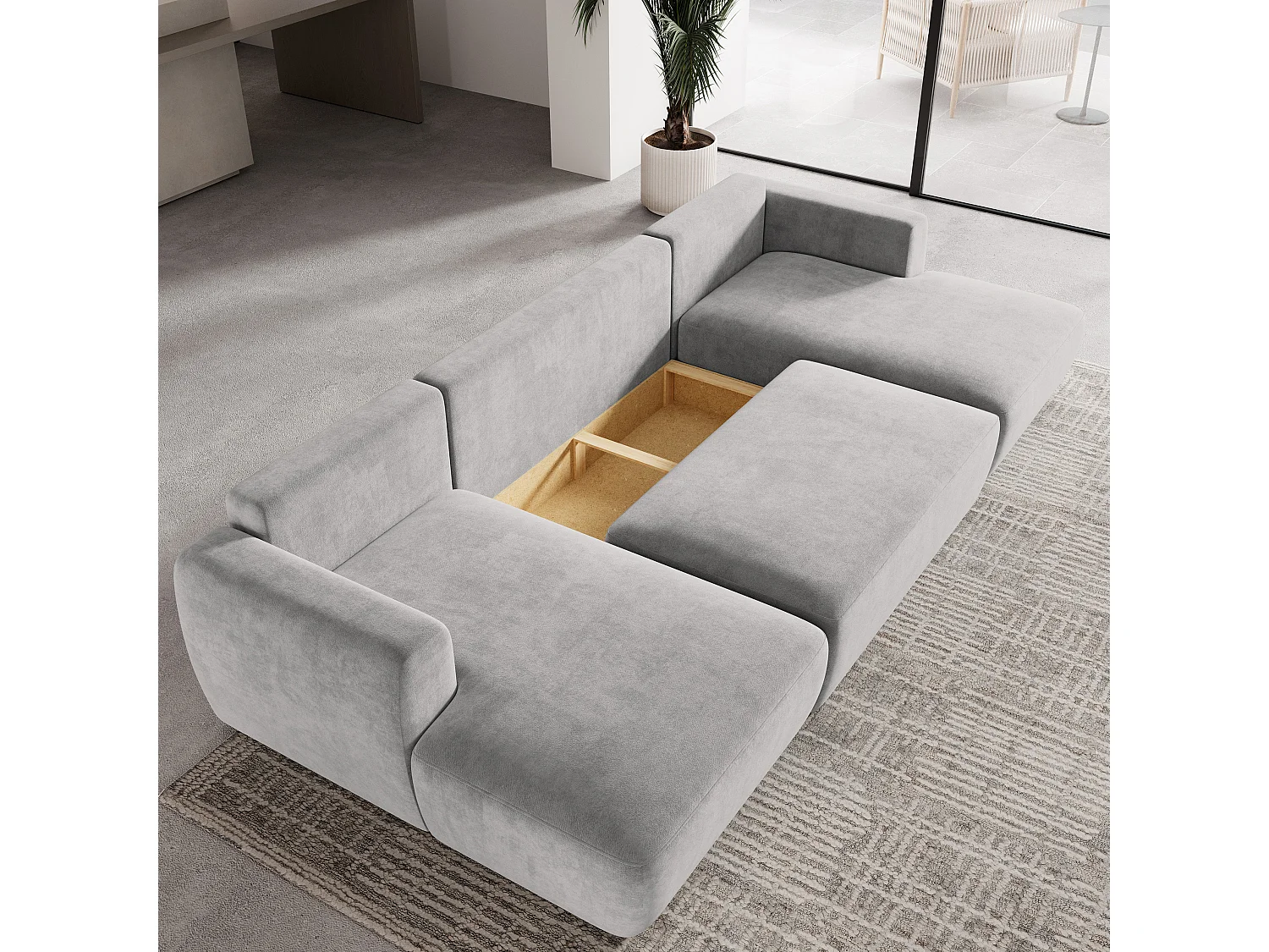 Canapé d'angle SENTUM Gris clair en peluche avec fonction de couchage