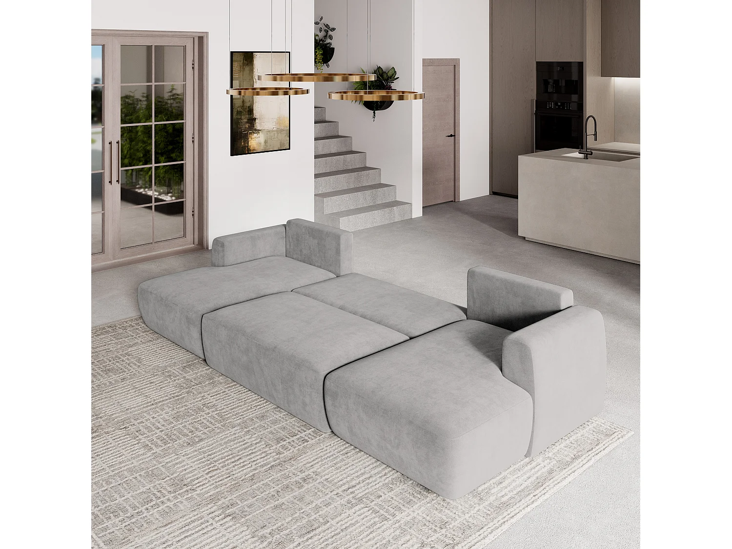 Canapé d'angle SENTUM Gris clair en peluche avec fonction de couchage