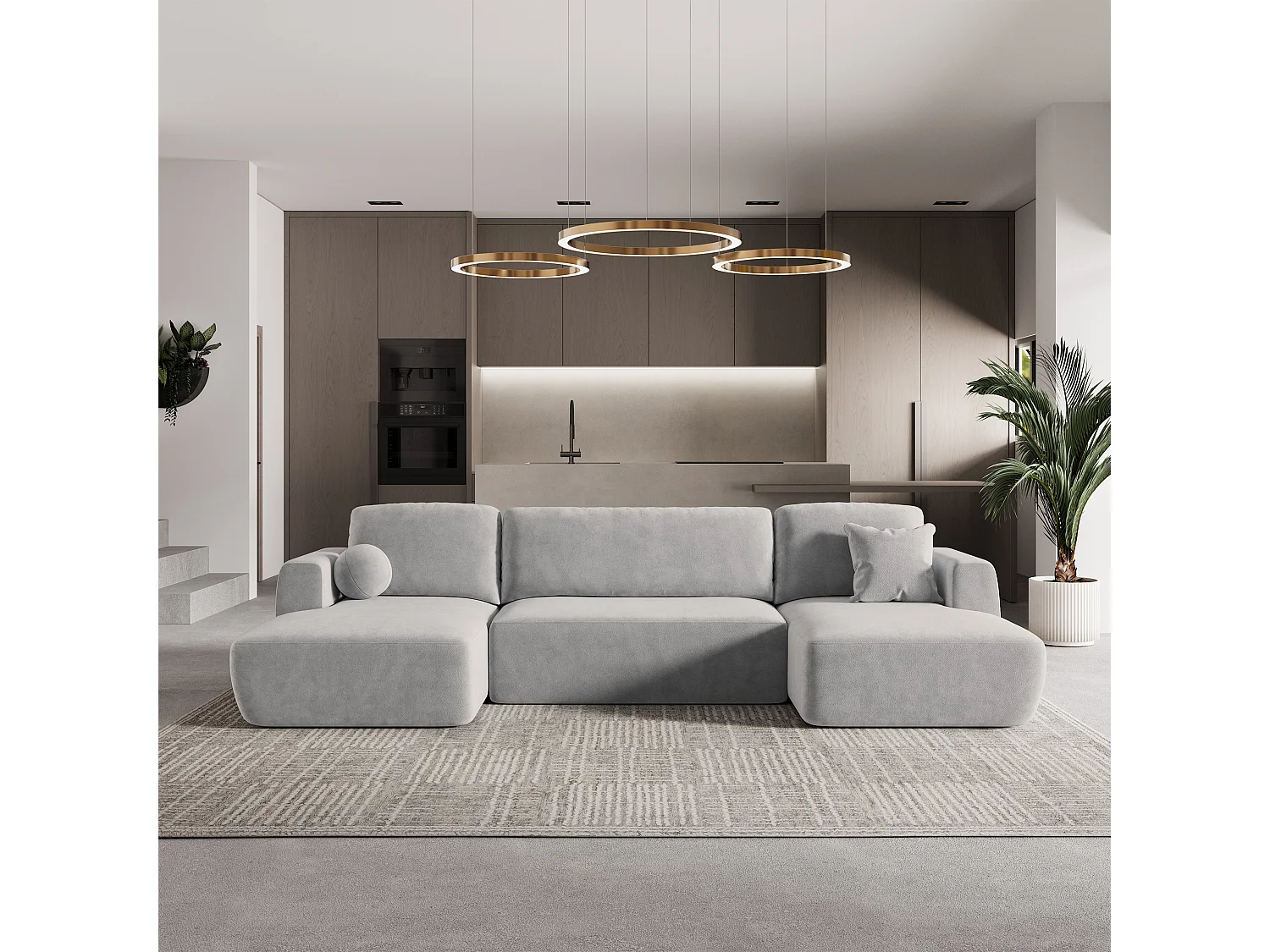 Canapé d'angle SENTUM Gris clair en peluche avec fonction de couchage