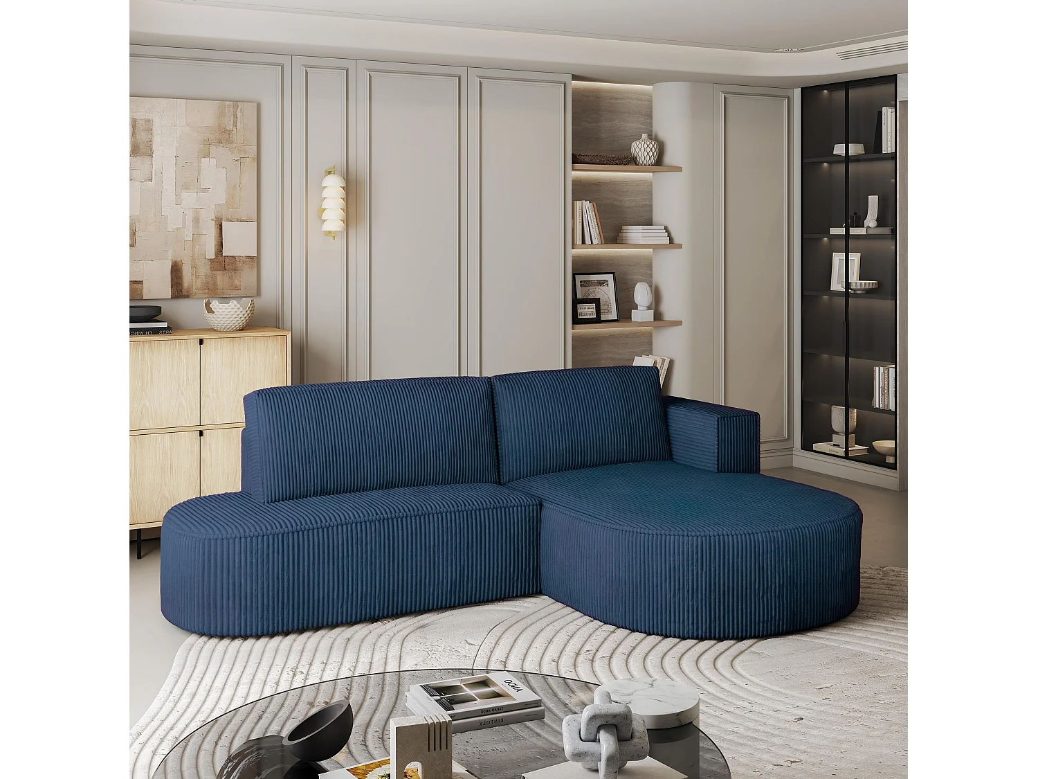 Canapé d'angle CORTIO Bleu en velours côtelé avec fonction de couchage