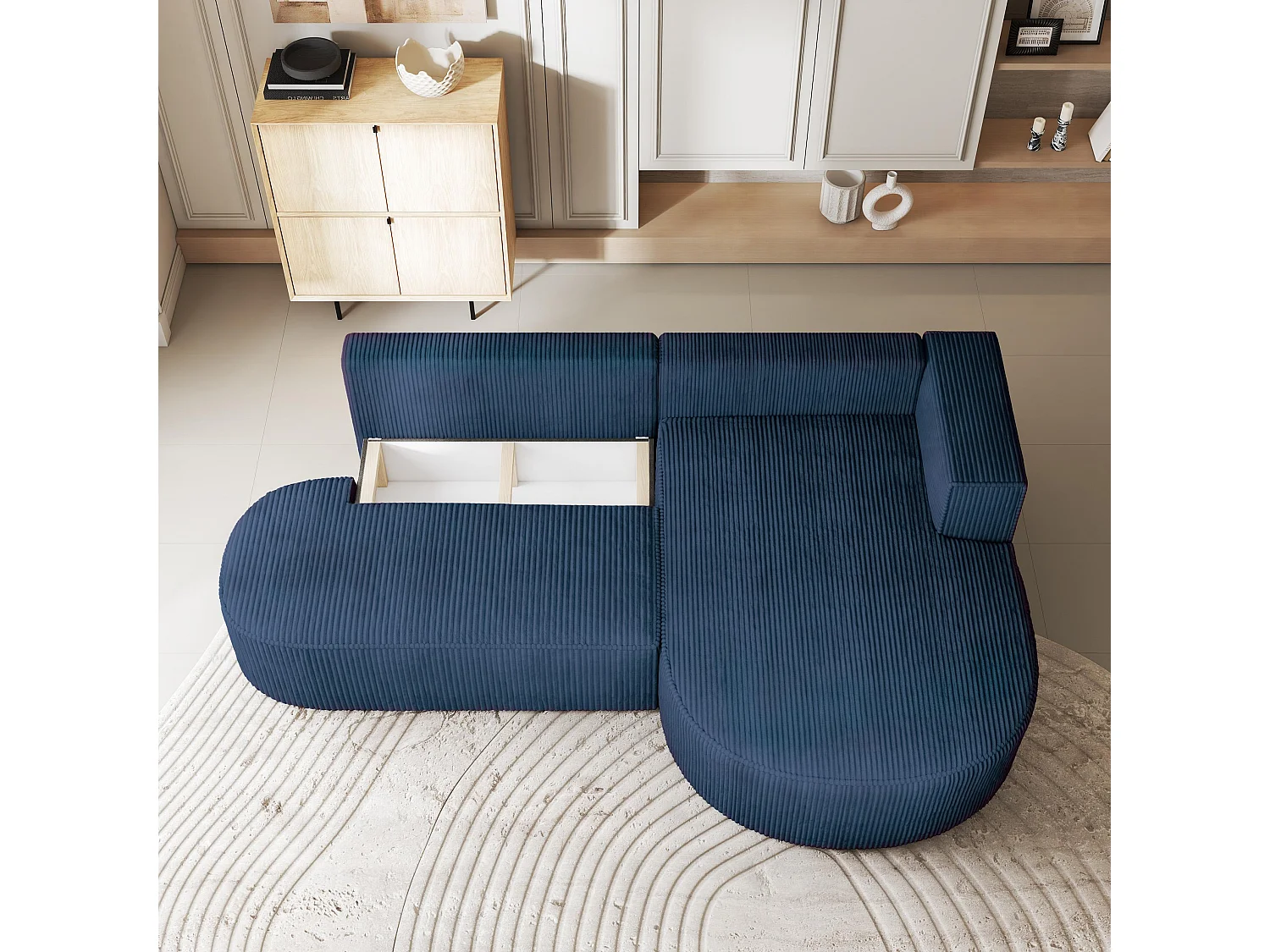 Canapé d'angle CORTIO Bleu en velours côtelé avec fonction de couchage