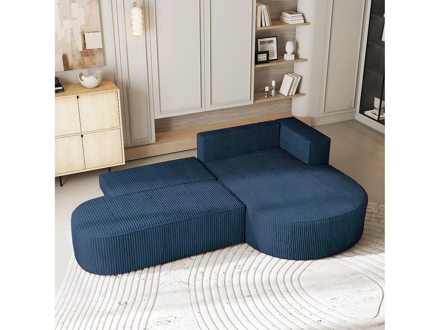 Canapé d'angle CORTIO Bleu en velours côtelé avec fonction de couchage