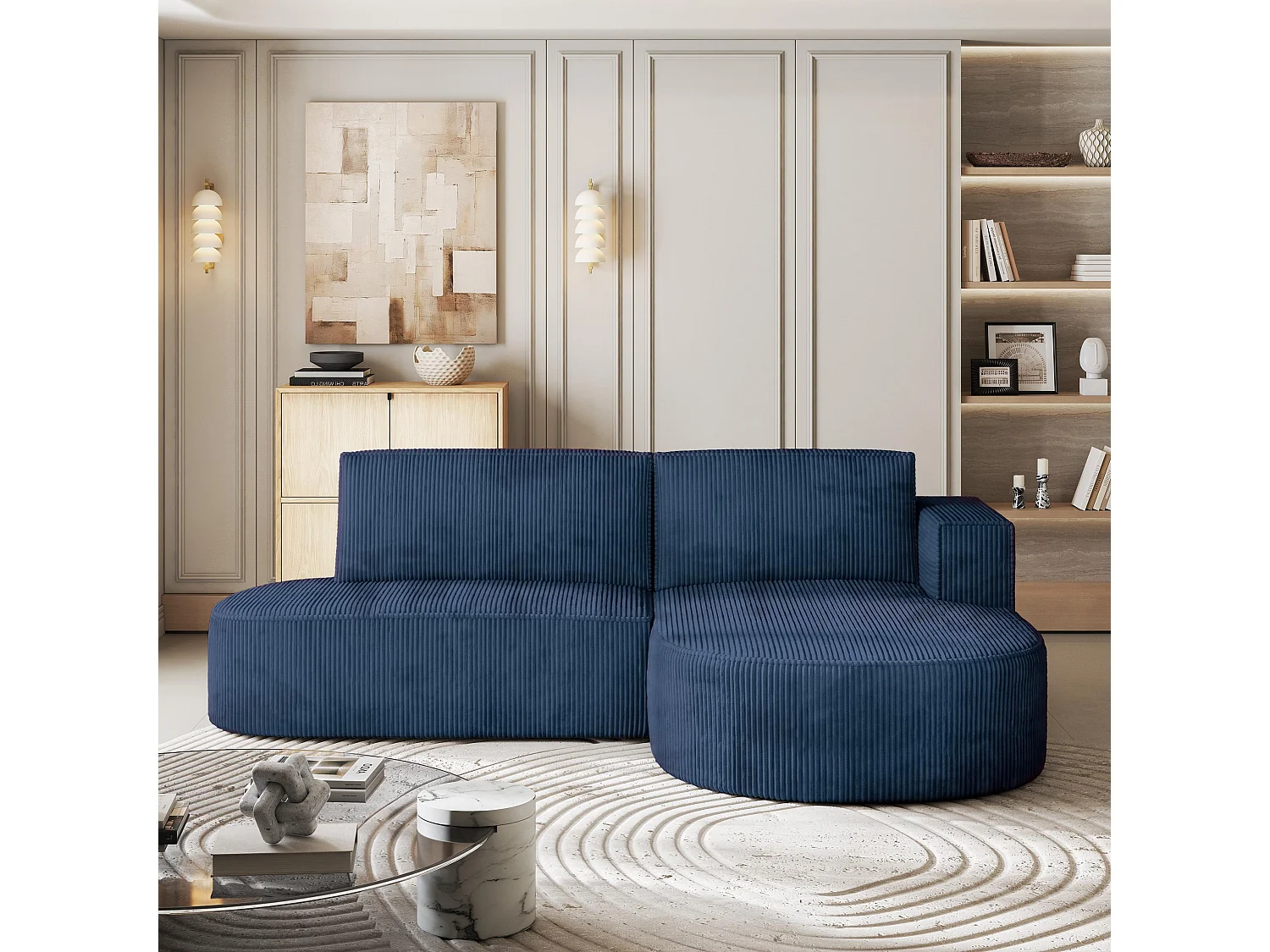 Canapé d'angle CORTIO Bleu en velours côtelé avec fonction de couchage