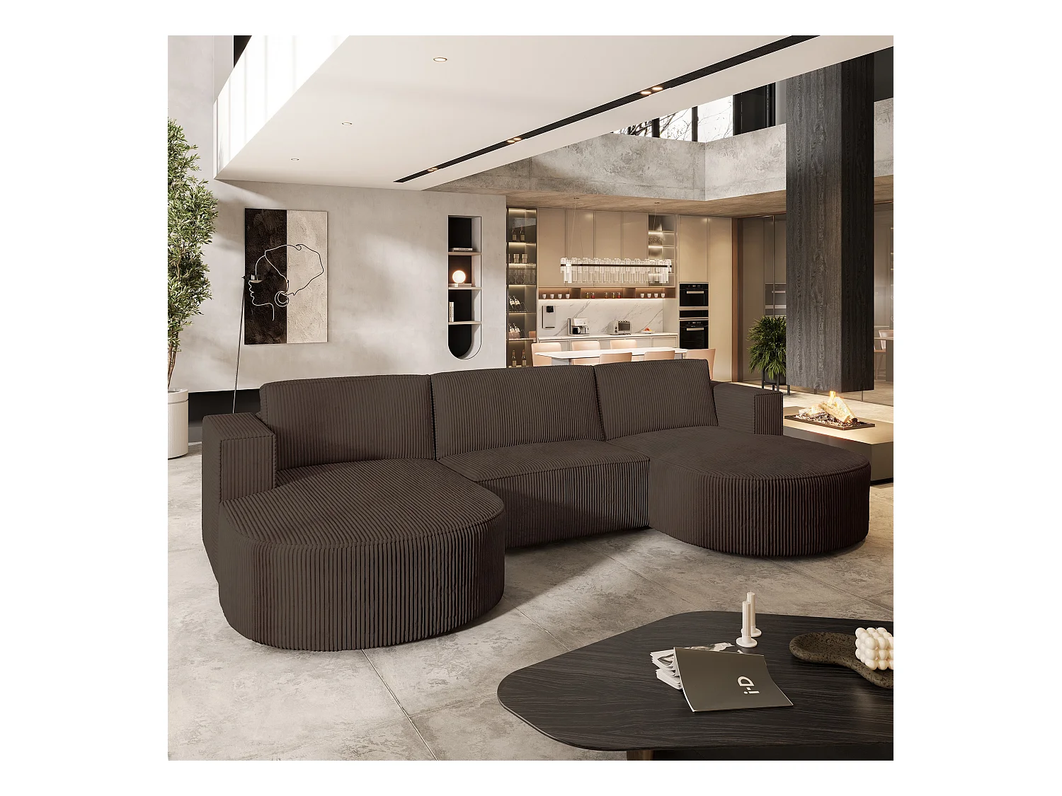Canapé d'angle VEZZO Marron en velours côtelé avec fonction de couchage