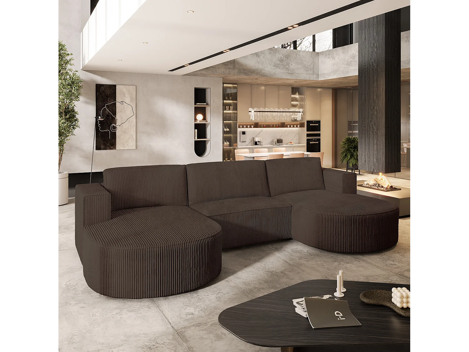 Canapé d'angle VEZZO Marron en velours côtelé avec fonction de couchage