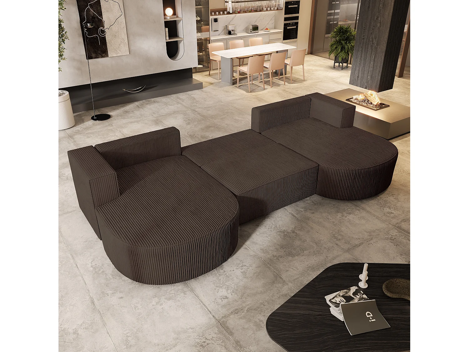 Canapé d'angle VEZZO Marron en velours côtelé avec fonction de couchage