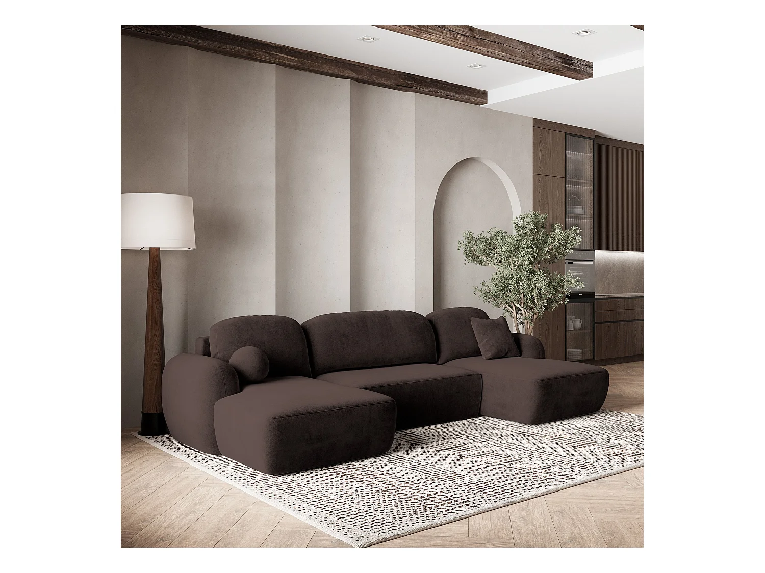 Canapé d'angle SAVONA Marron en peluche avec fonction de couchage