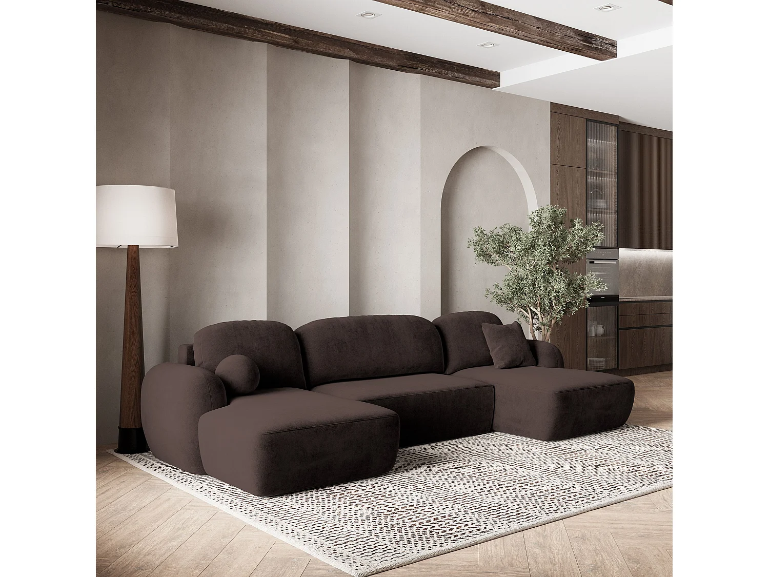 Canapé d'angle SAVONA Marron en peluche avec fonction de couchage