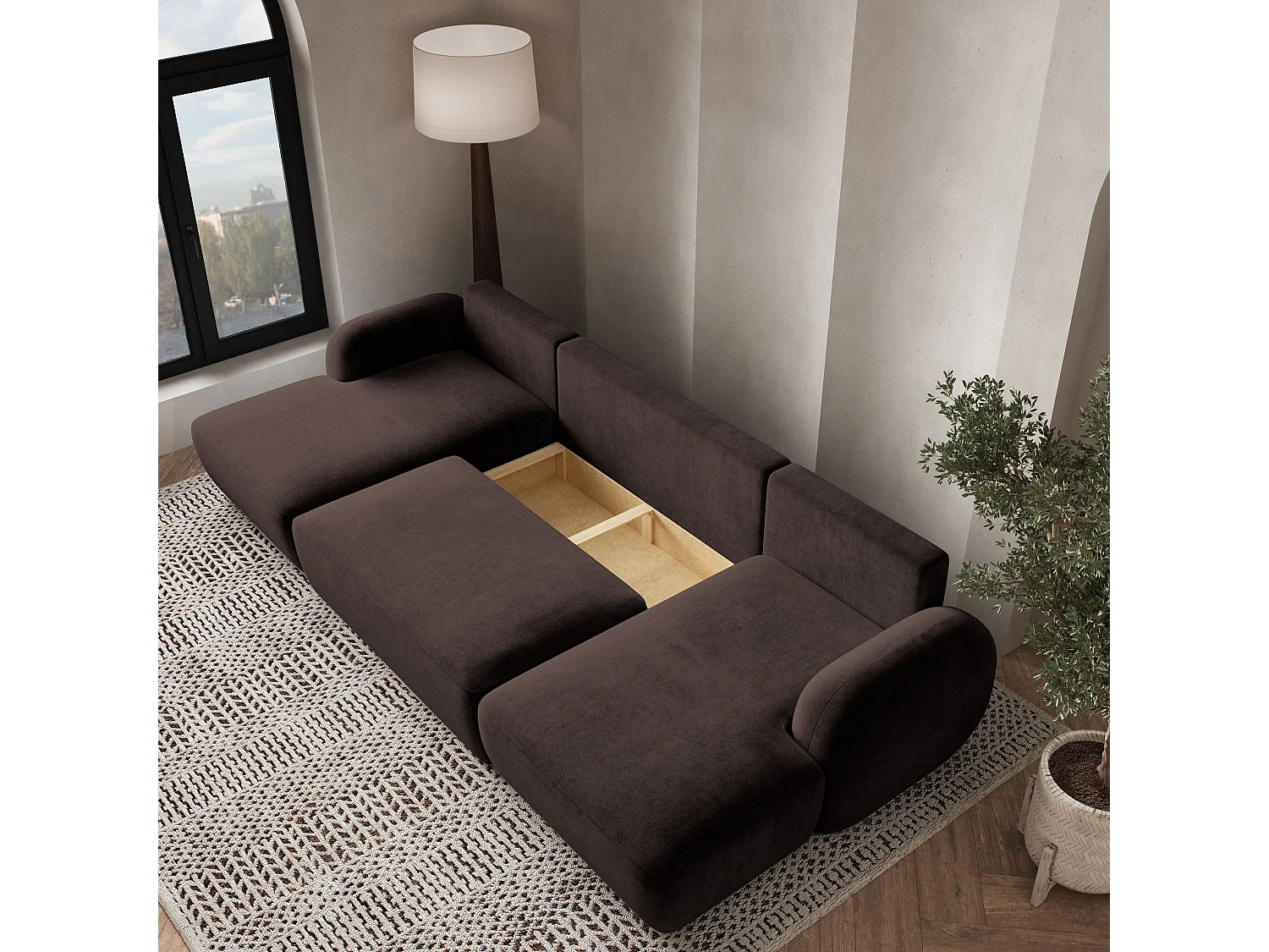Canapé d'angle SAVONA Marron en peluche avec fonction de couchage