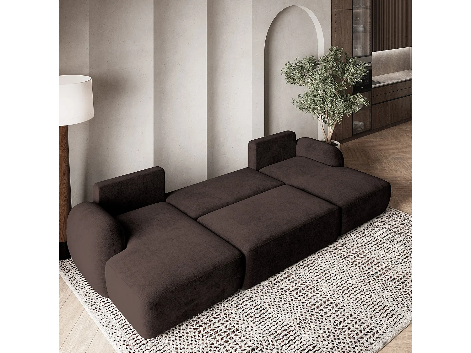 Canapé d'angle SAVONA Marron en peluche avec fonction de couchage