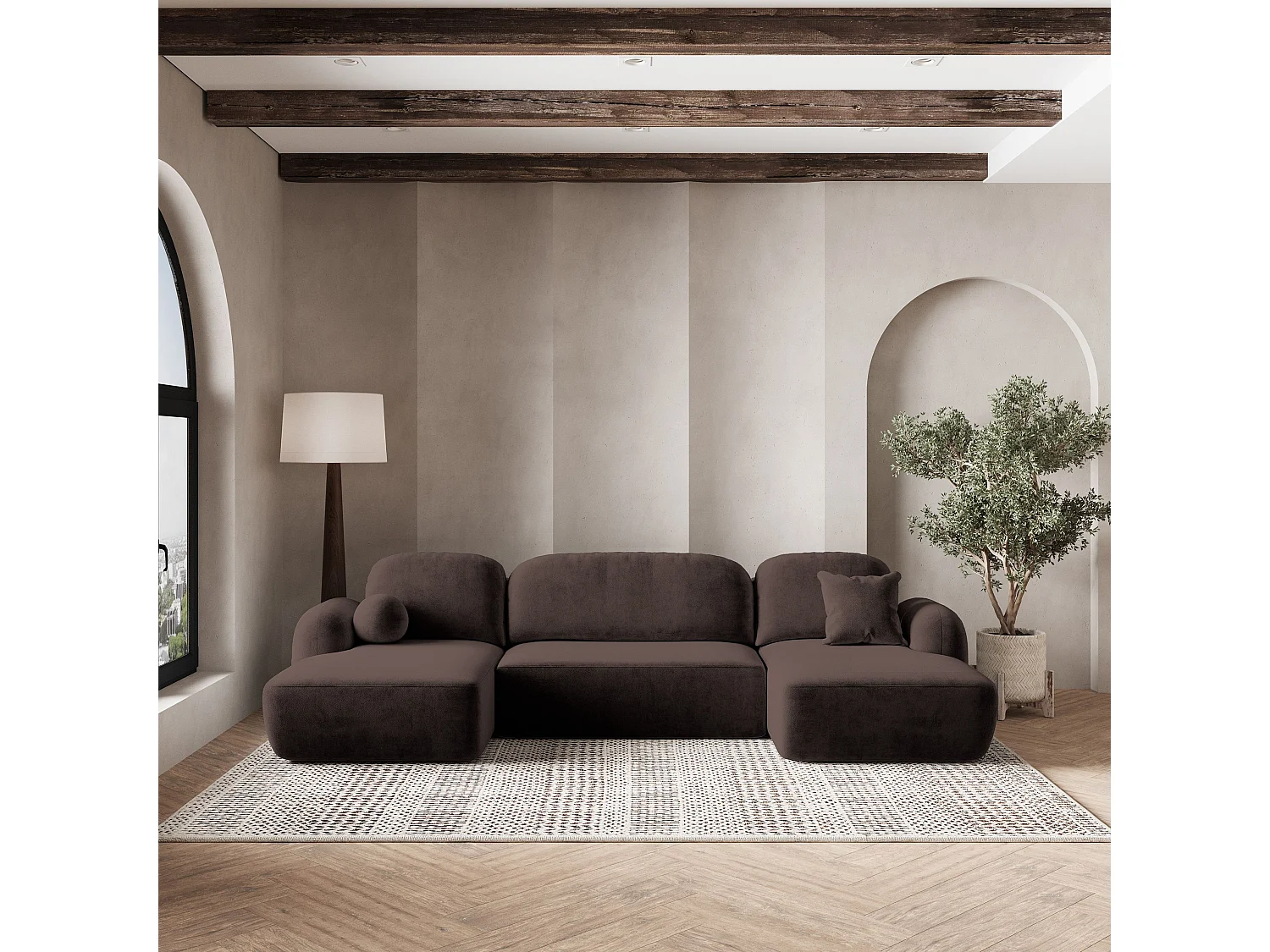 Canapé d'angle SAVONA Marron en peluche avec fonction de couchage