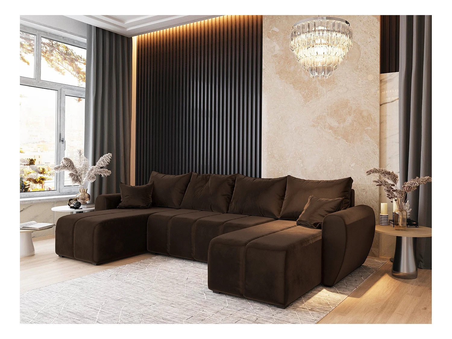 Canapé d'angle MADISON Marron en peluche avec fonction de couchage