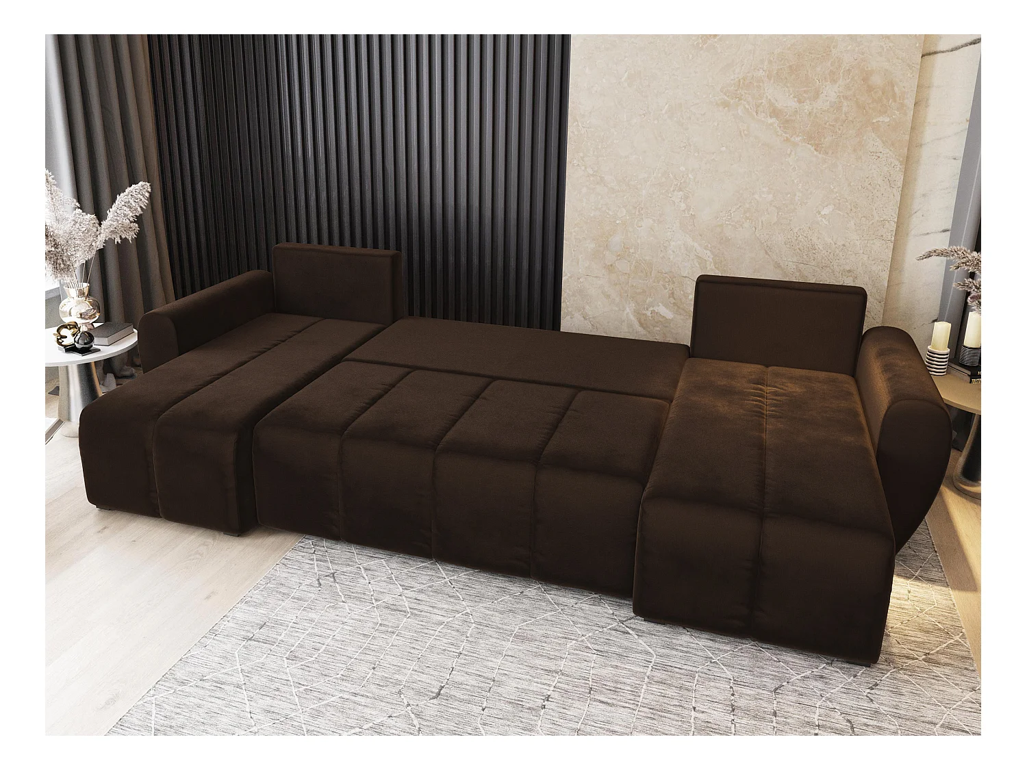 Canapé d'angle MADISON Marron en peluche avec fonction de couchage