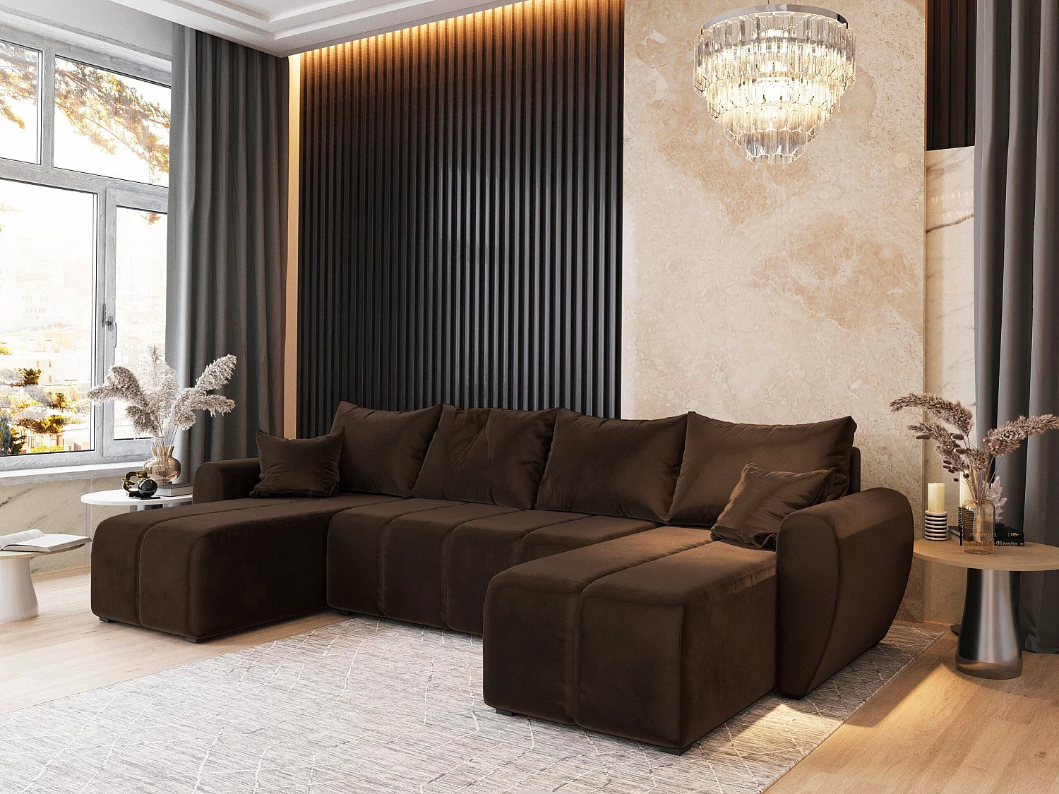 Canapé d'angle MADISON Marron en peluche avec fonction de couchage