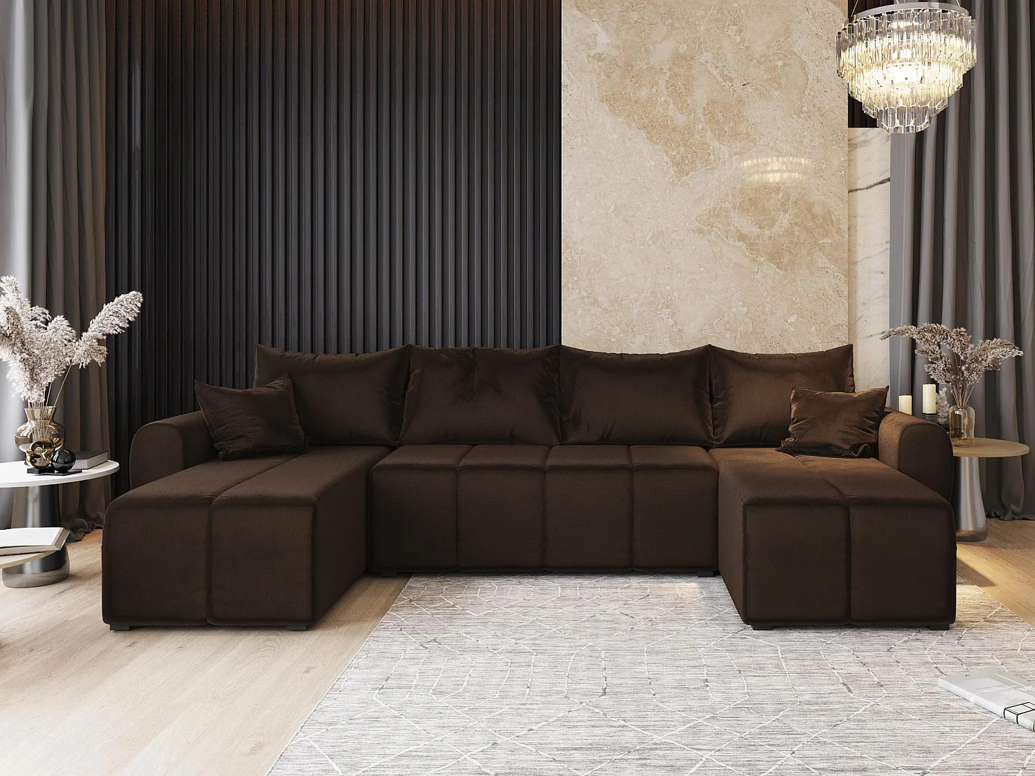 Canapé d'angle MADISON Marron en peluche avec fonction de couchage