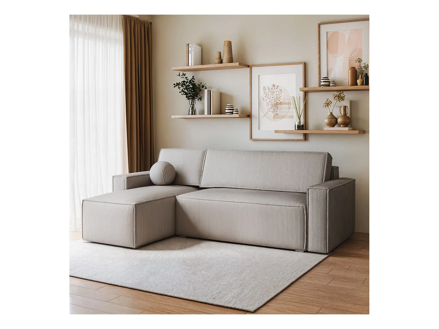 Canapé d'angle RAVELO Gris clair en velours côtelé avec fonction de couchage