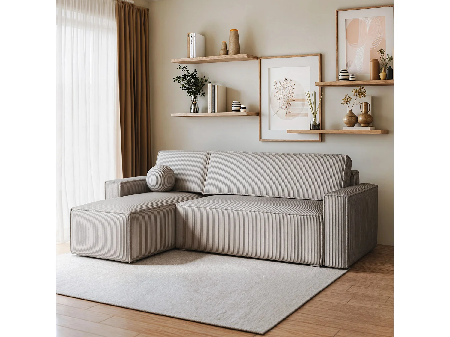 Canapé d'angle RAVELO Gris clair en velours côtelé avec fonction de couchage