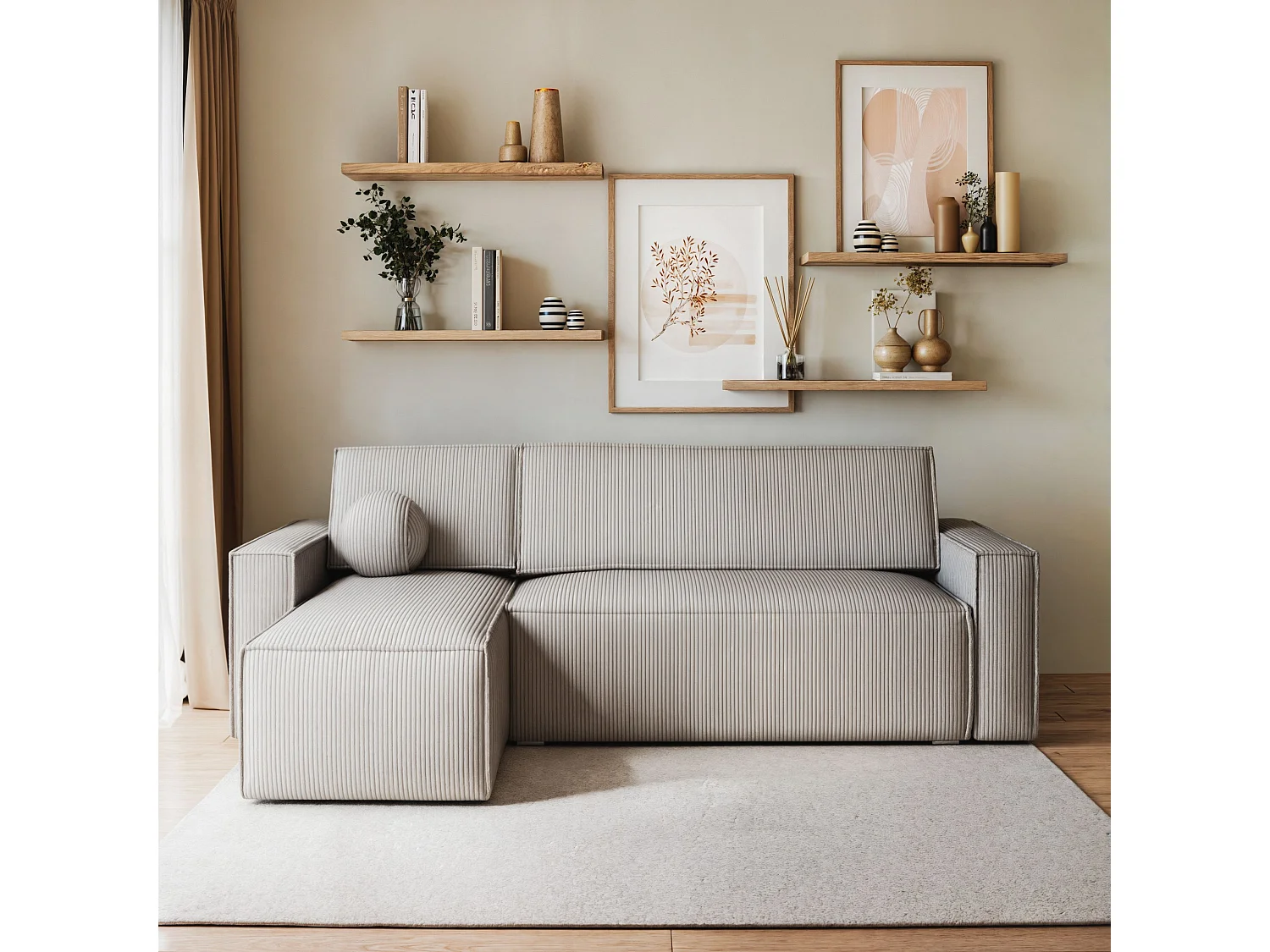 Canapé d'angle RAVELO Gris clair en velours côtelé avec fonction de couchage