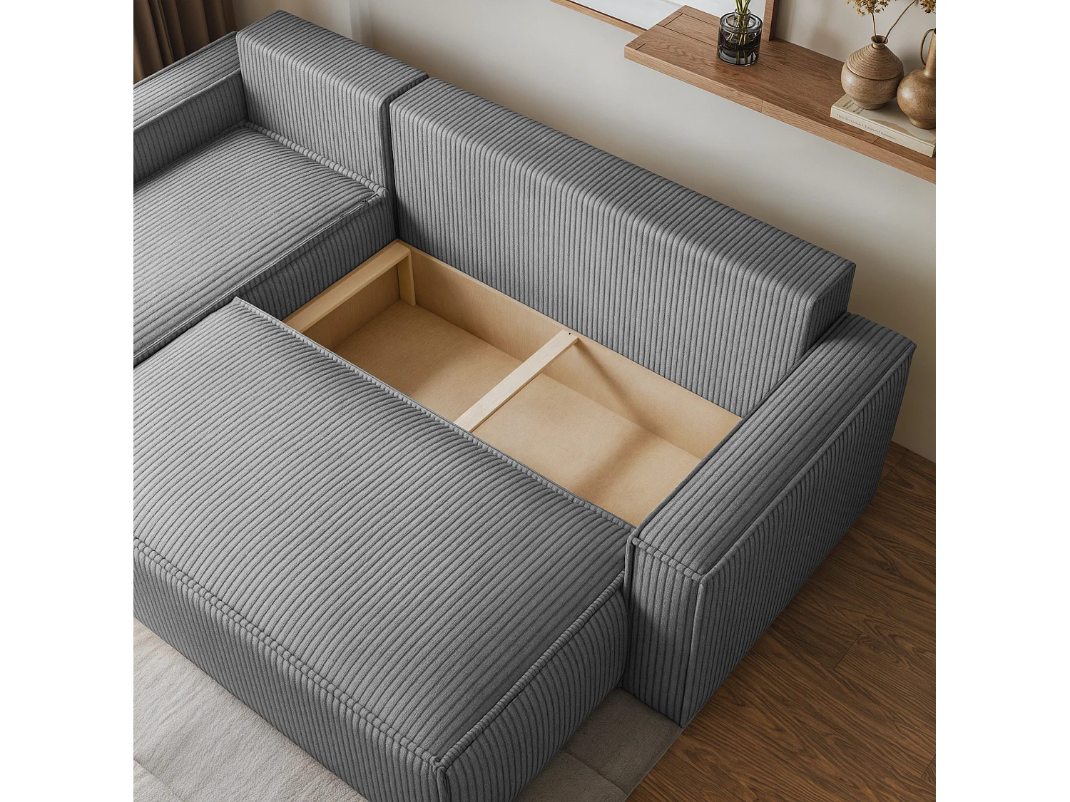 Hoekbank RAVELO van fluweel met slaapfunctie Hellgrau