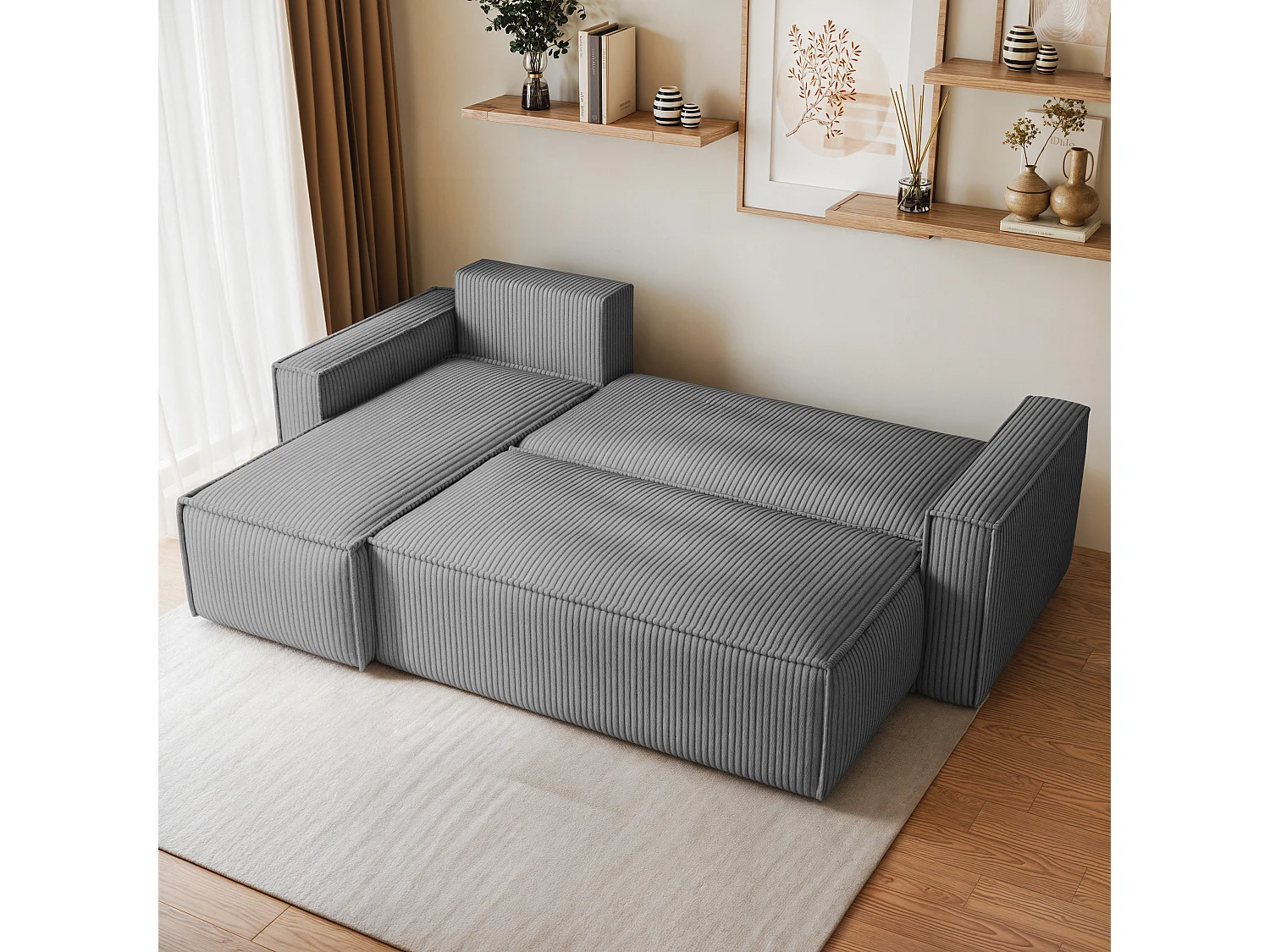 Hoekbank RAVELO van fluweel met slaapfunctie Hellgrau