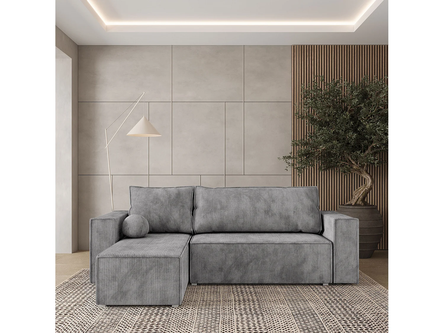 Hoekbank RAVELO van fluweel met slaapfunctie Hellgrau
