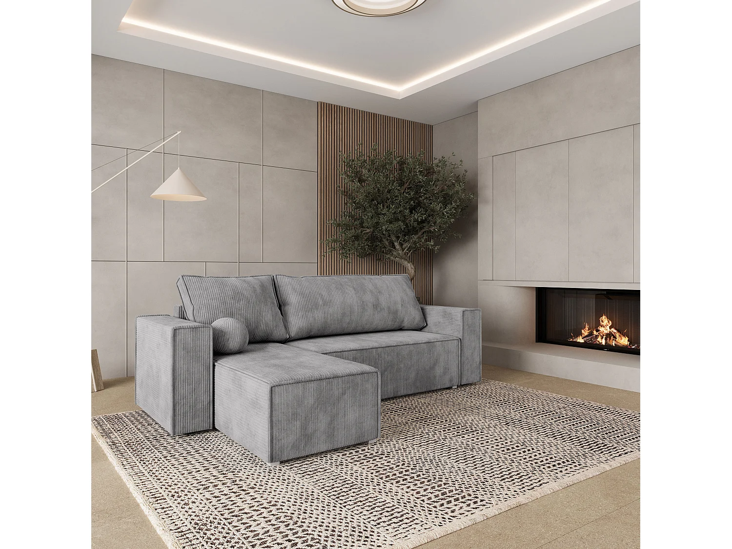 Hoekbank RAVELO van fluweel met slaapfunctie Hellgrau