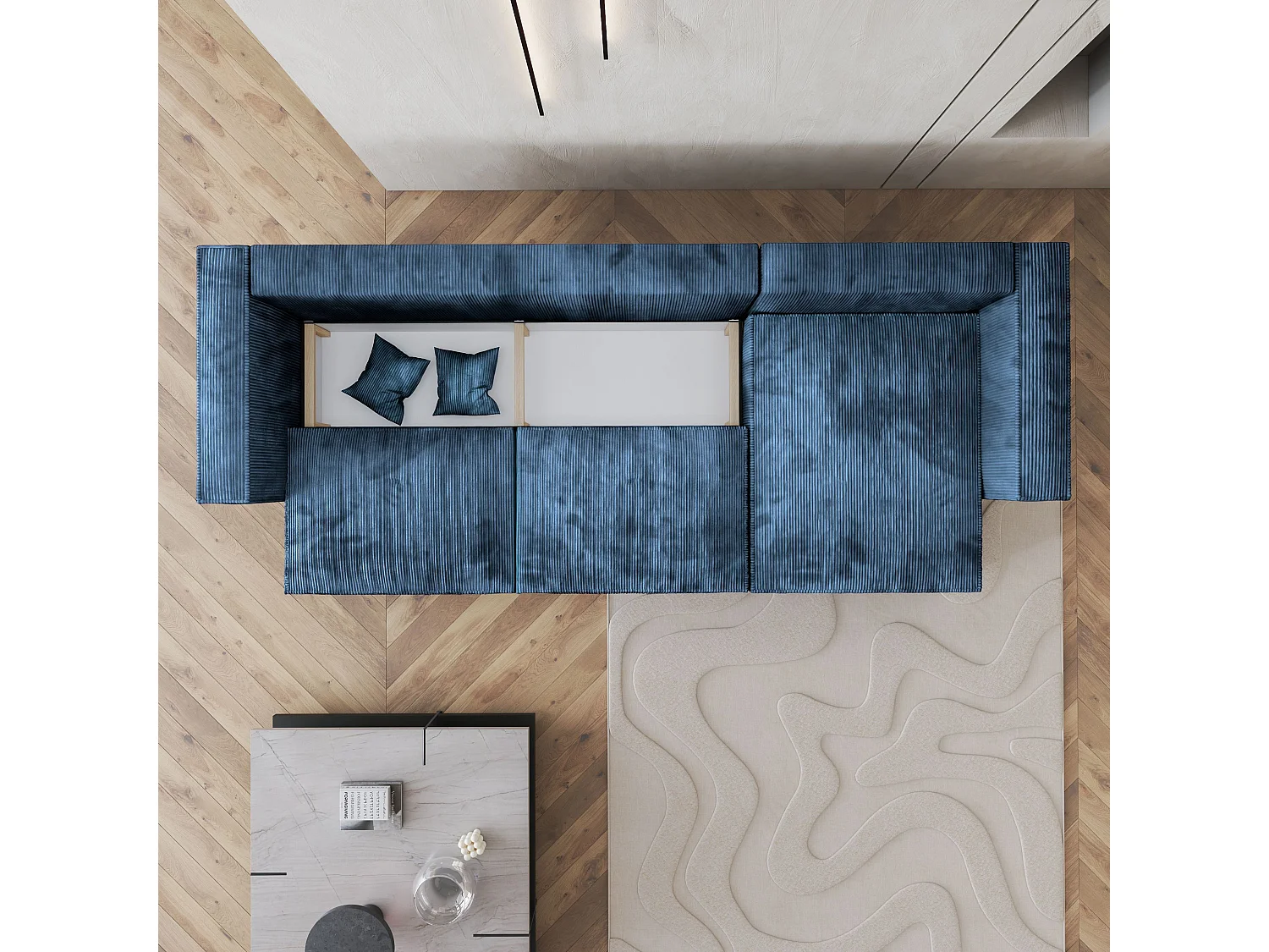 Canapé d'angle TOLMO Bleu en velours côtelé avec fonction de couchage