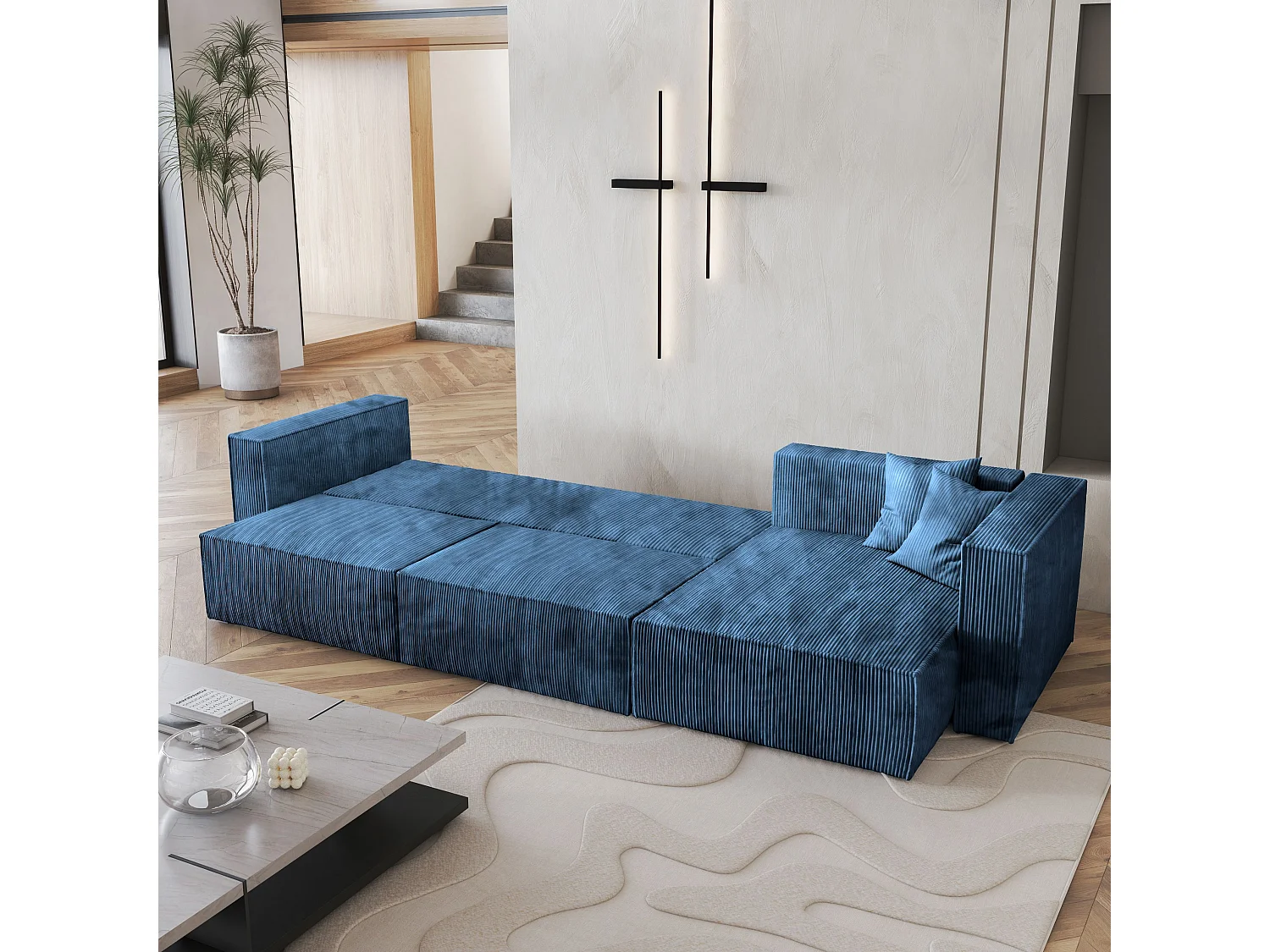 Canapé d'angle TOLMO Bleu en velours côtelé avec fonction de couchage