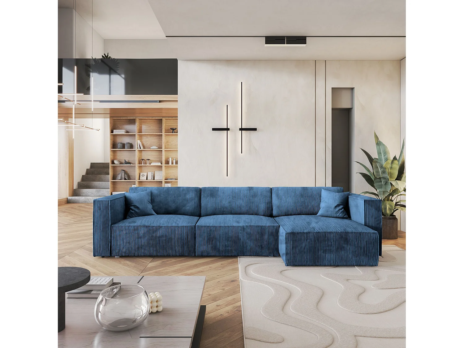 Canapé d'angle TOLMO Bleu en velours côtelé avec fonction de couchage