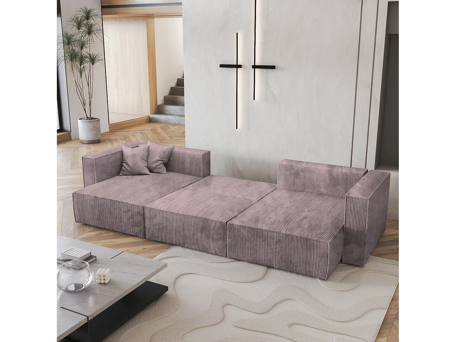 Canapé d'angle SARMO Parme en velours côtelé avec fonction de couchage