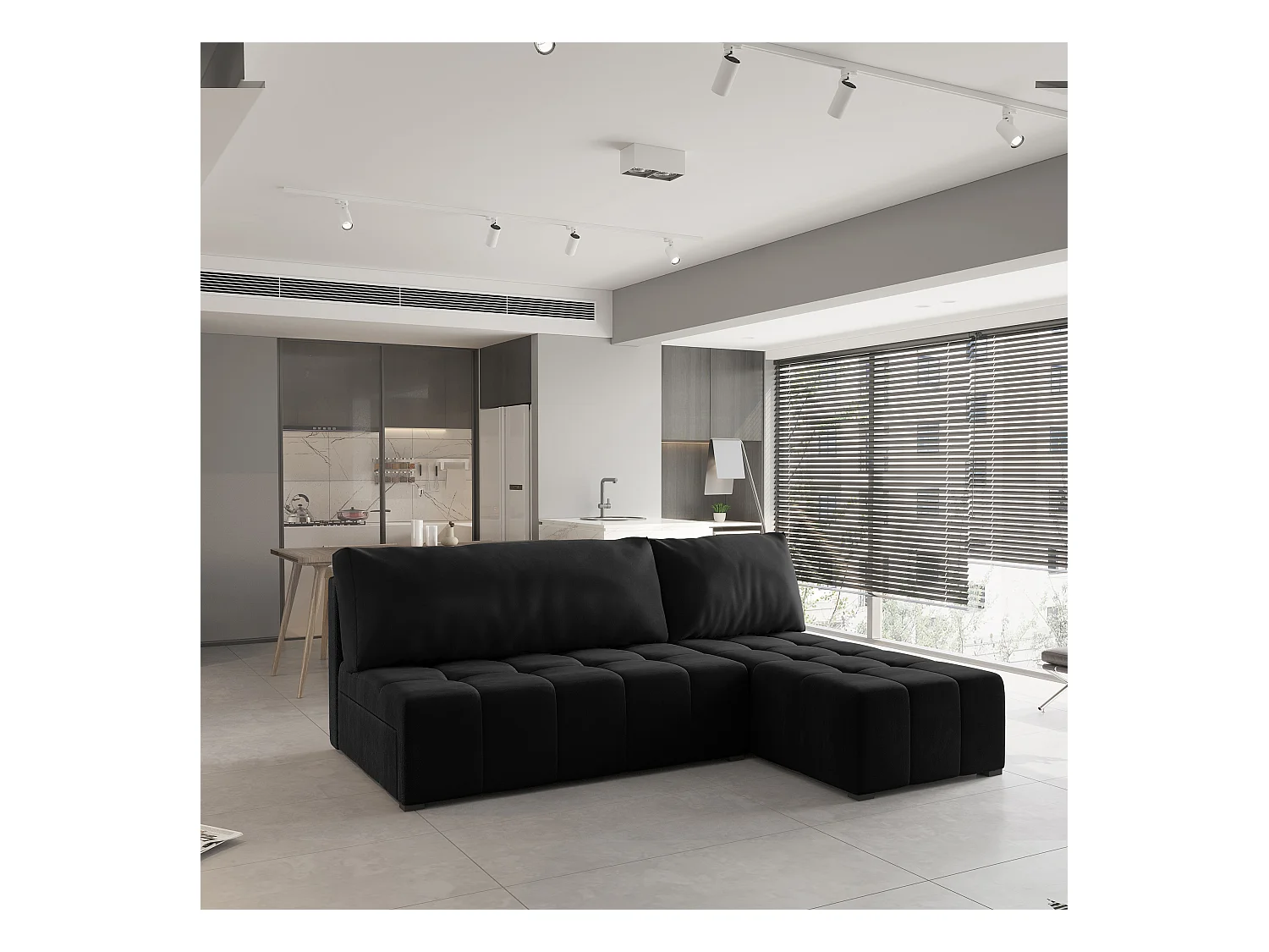 Canapé d'angle DOMIRA Noir en peluche avec fonction de couchage