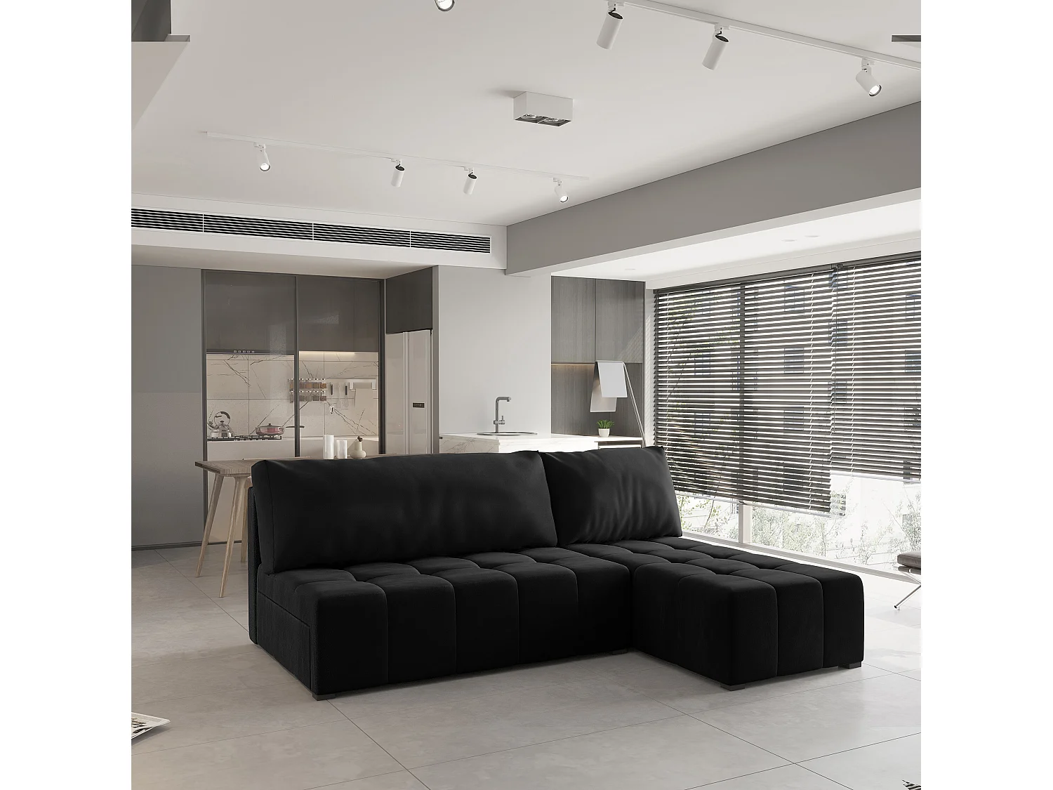 Canapé d'angle DOMIRA Noir en peluche avec fonction de couchage