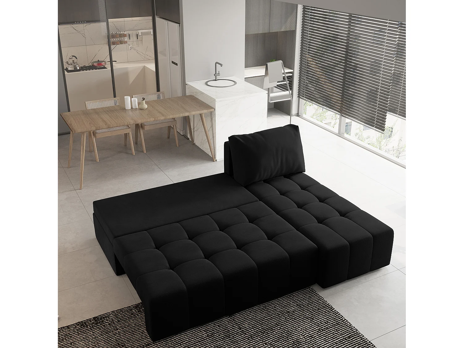 Canapé d'angle DOMIRA Noir en peluche avec fonction de couchage
