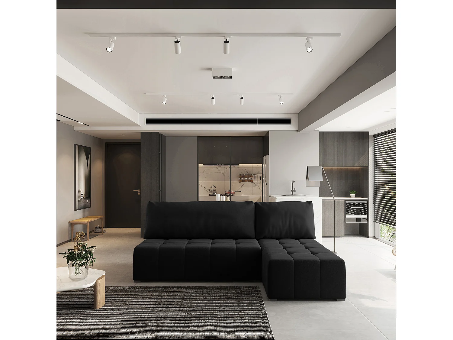 Canapé d'angle DOMIRA Noir en peluche avec fonction de couchage