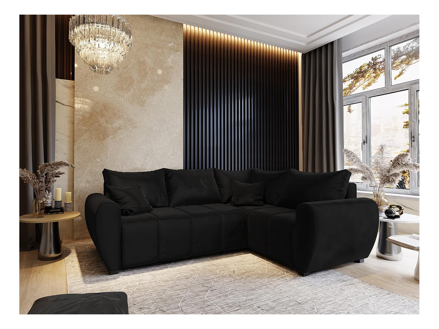 Canapé d'angle MADISON Noir en peluche avec fonction de couchage