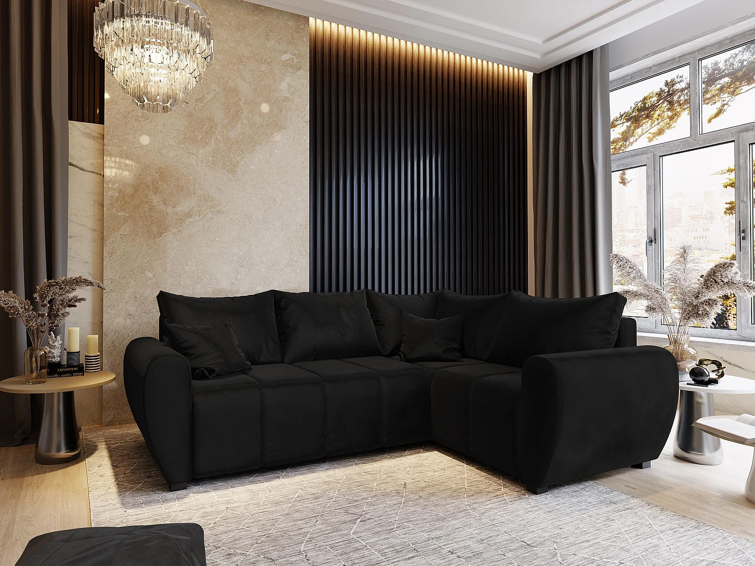 Canapé d'angle MADISON Noir en peluche avec fonction de couchage