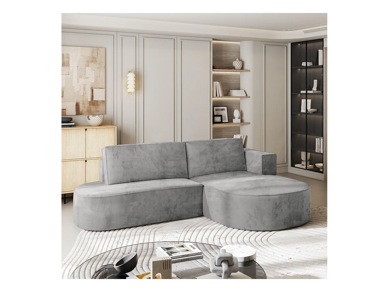 Canapé d'angle CORTIO Gris clair en velours avec fonction de couchage