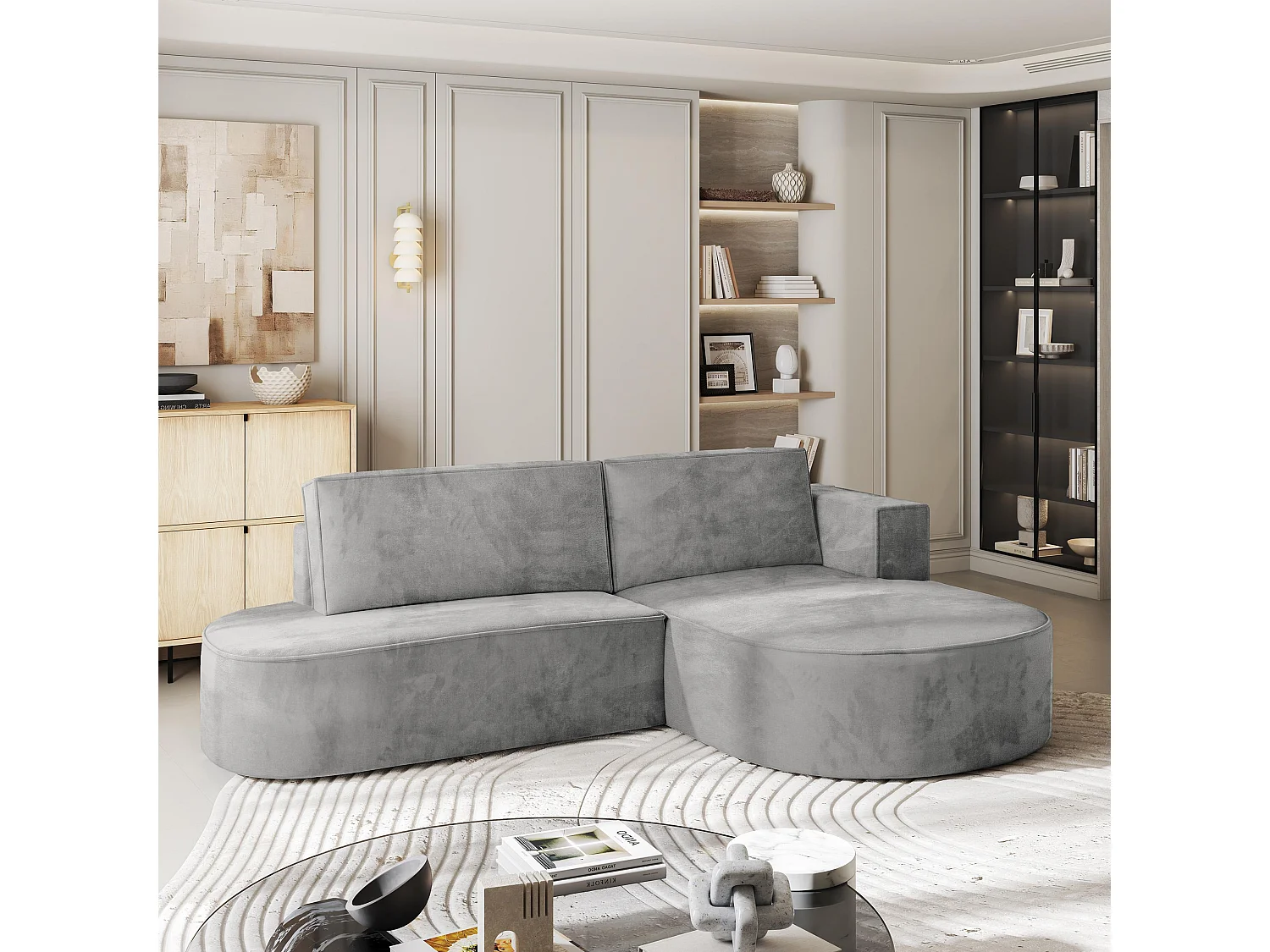 Canapé d'angle CORTIO Gris clair en velours avec fonction de couchage