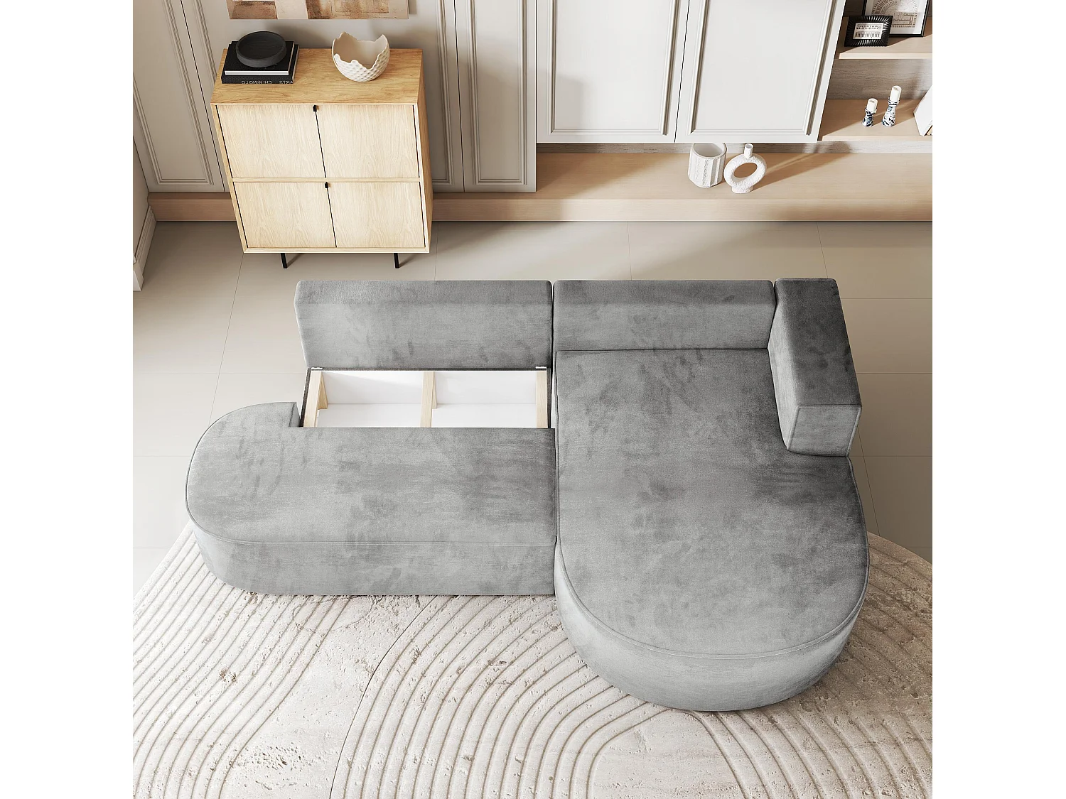 Canapé d'angle CORTIO Gris clair en velours avec fonction de couchage
