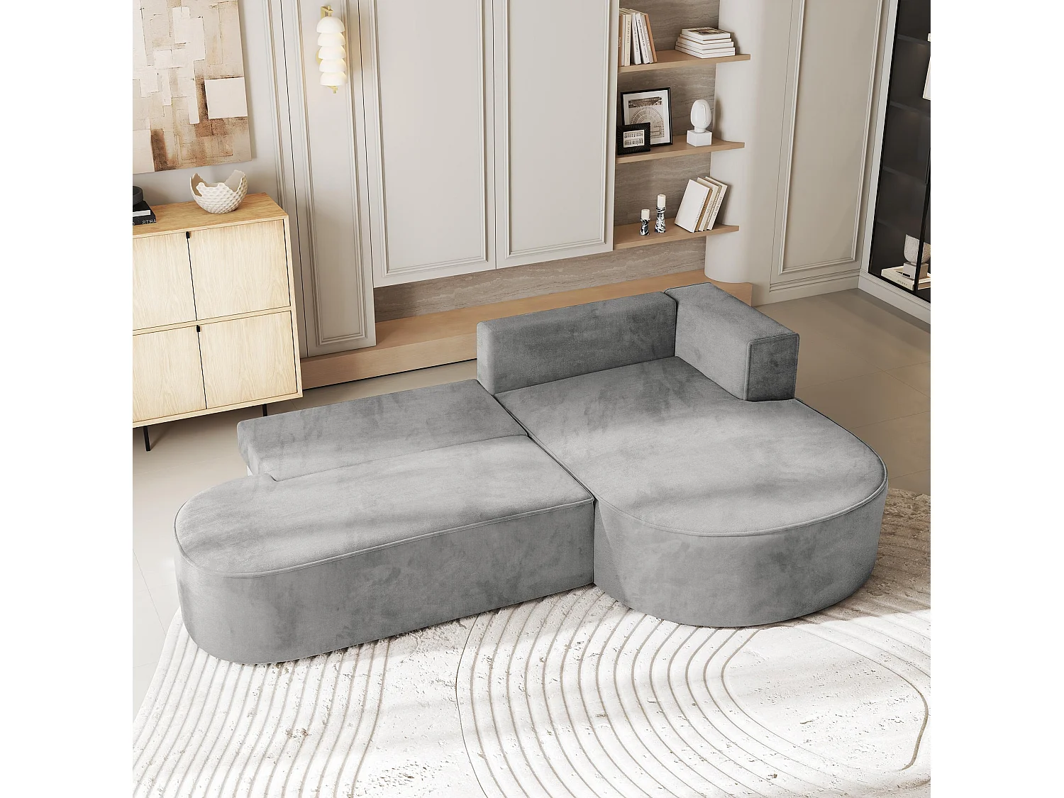 Canapé d'angle CORTIO Gris clair en velours avec fonction de couchage