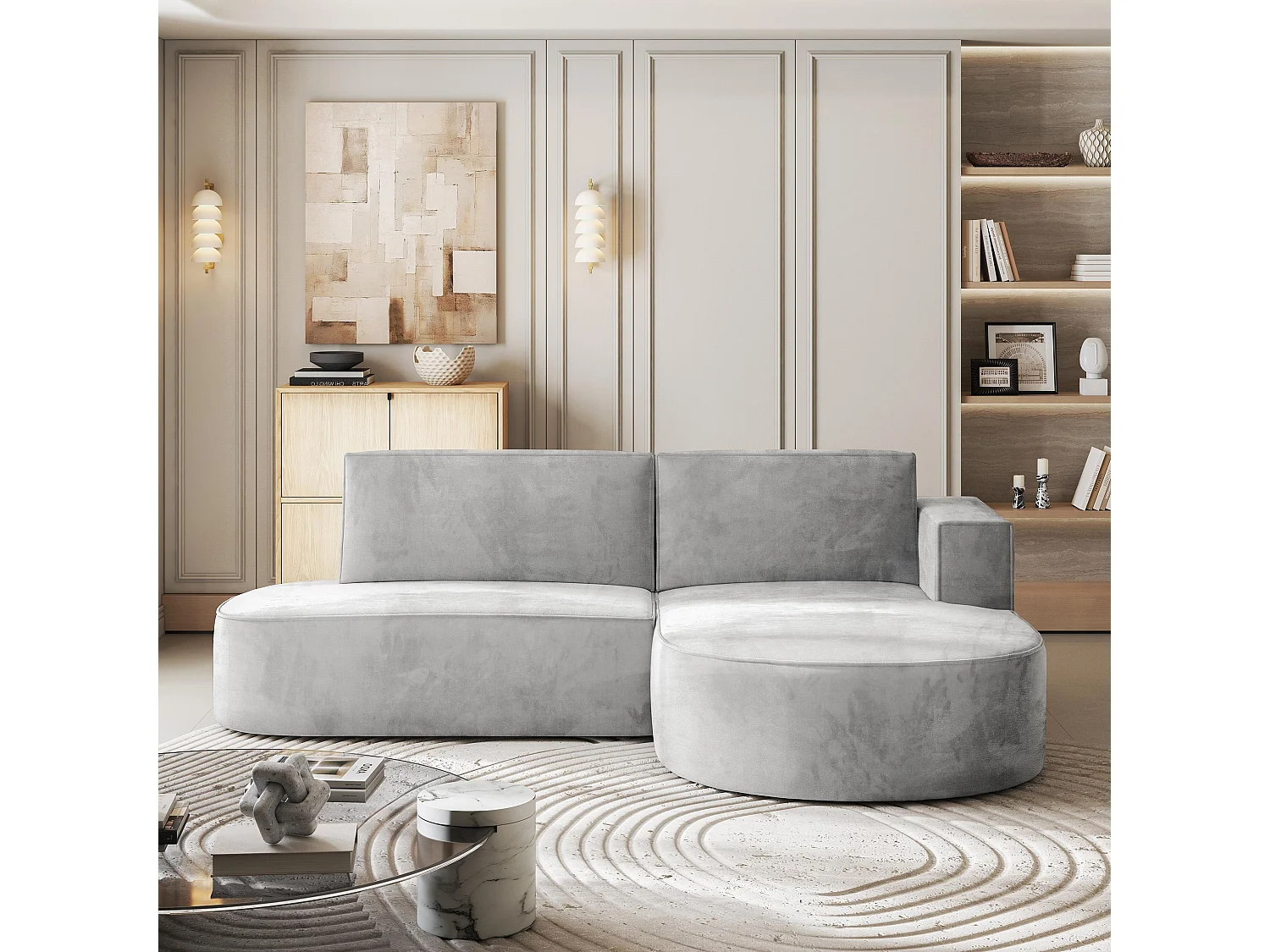 Canapé d'angle CORTIO Gris clair en velours avec fonction de couchage