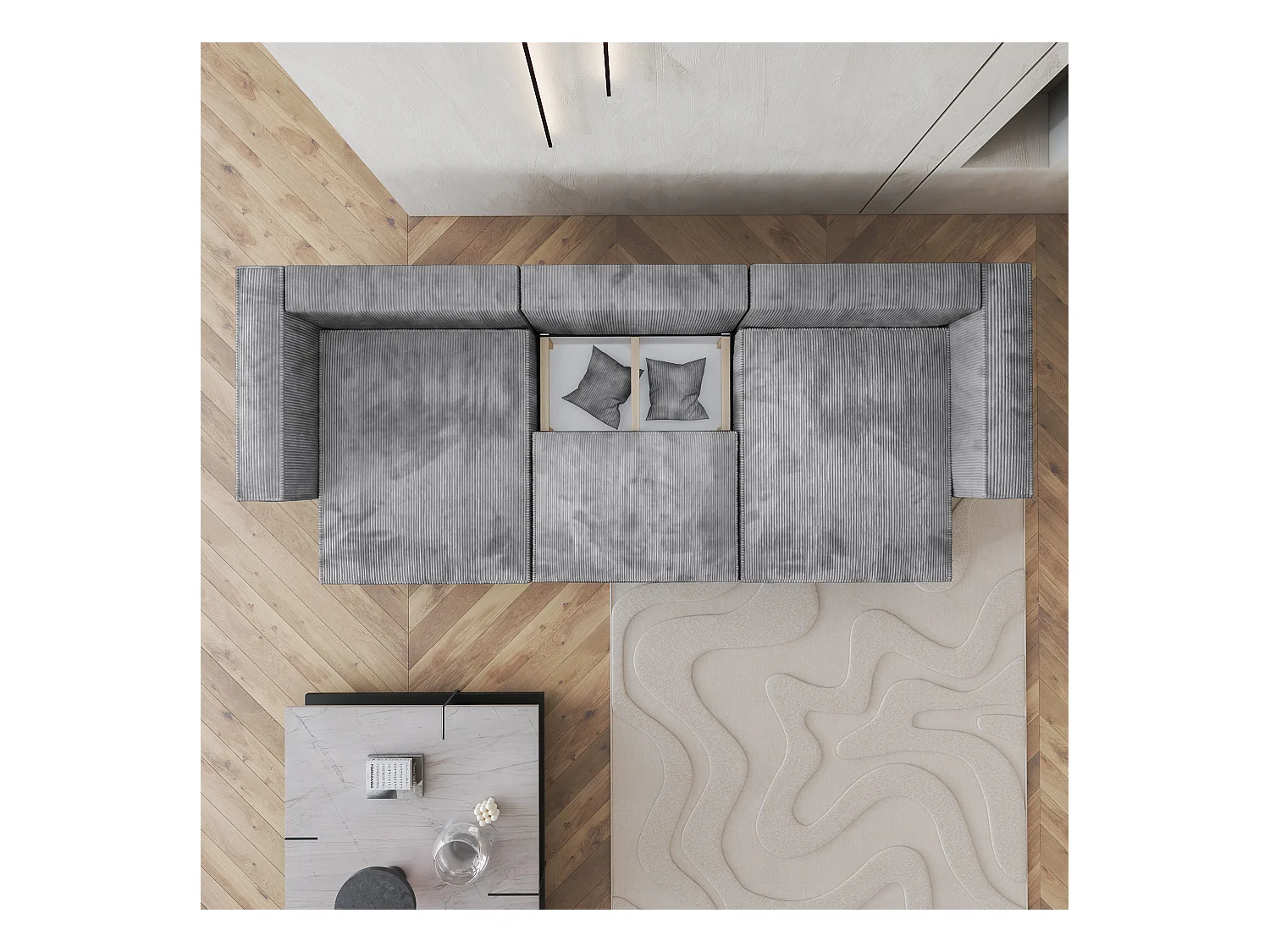 Canapé d'angle SARMO Gris anthracite en velours côtelé avec fonction de couchage