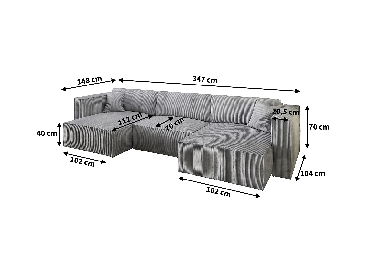 Canapé d'angle SARMO Gris anthracite en velours côtelé avec fonction de couchage