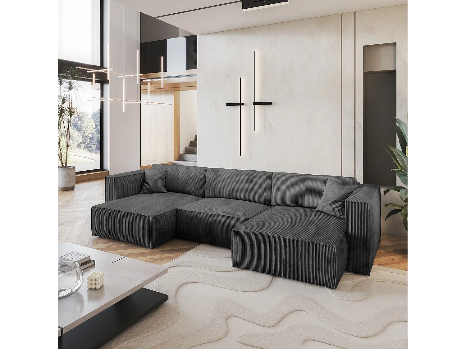 Canapé d'angle SARMO Gris anthracite en velours côtelé avec fonction de couchage