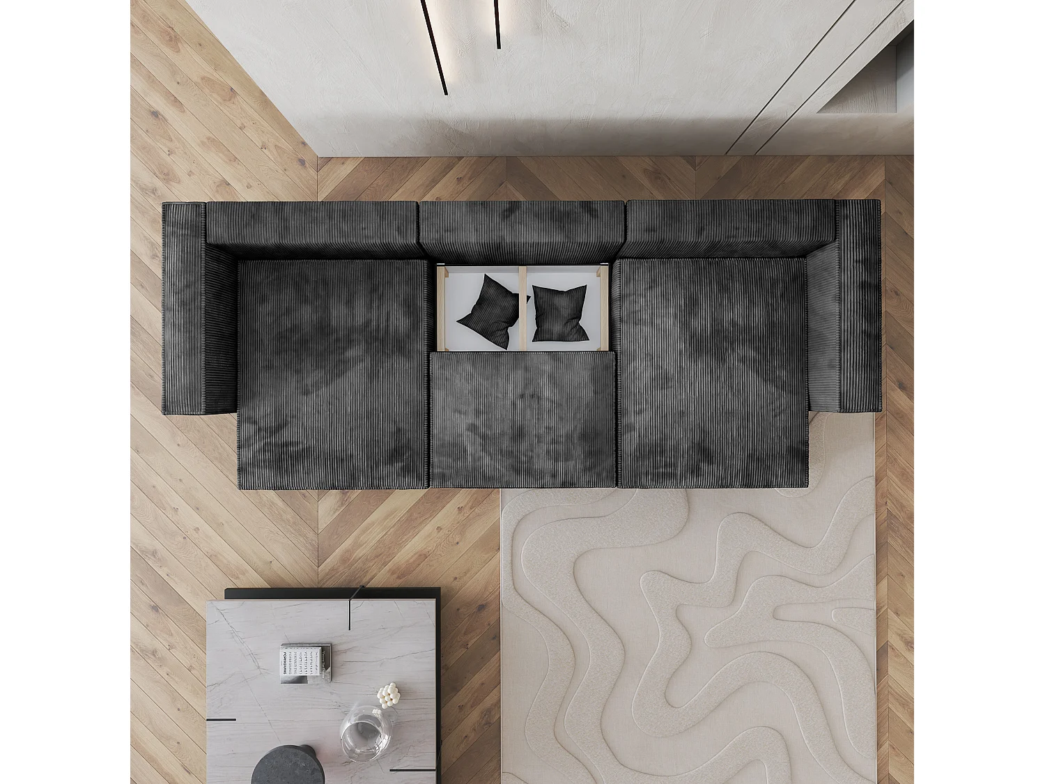 Canapé d'angle SARMO Gris anthracite en velours côtelé avec fonction de couchage