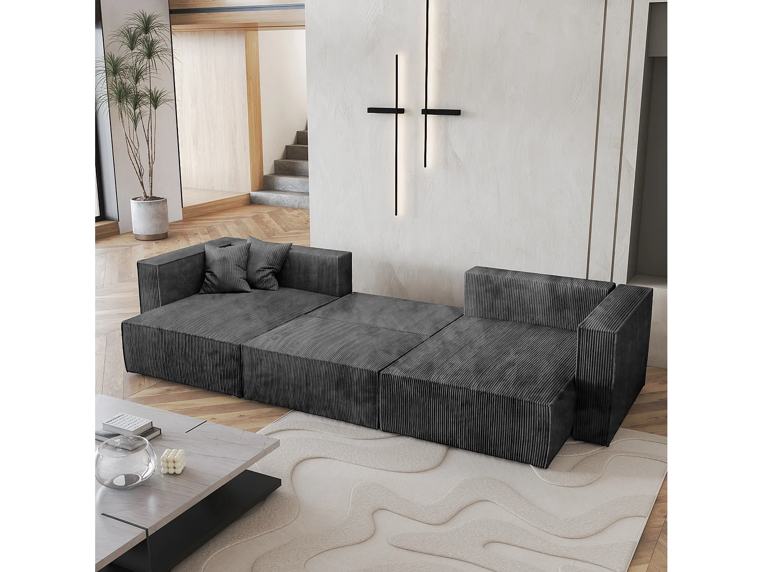 Canapé d'angle SARMO Gris anthracite en velours côtelé avec fonction de couchage