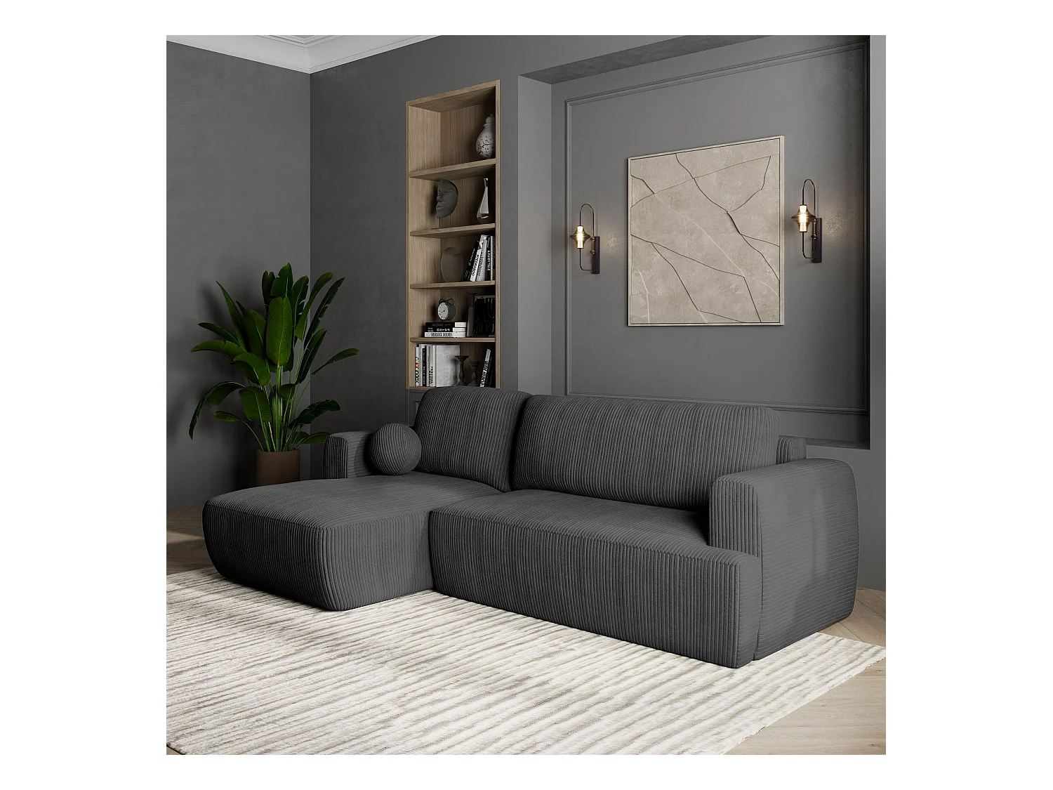 Canapé d'angle SENTI Gris anthracite en velours côtelé avec fonction de couchage