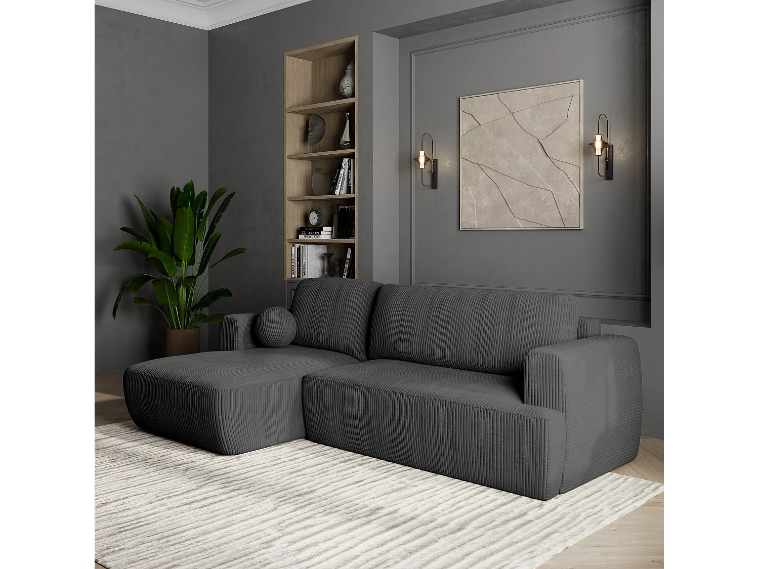 Canapé d'angle SENTI Gris anthracite en velours côtelé avec fonction de couchage