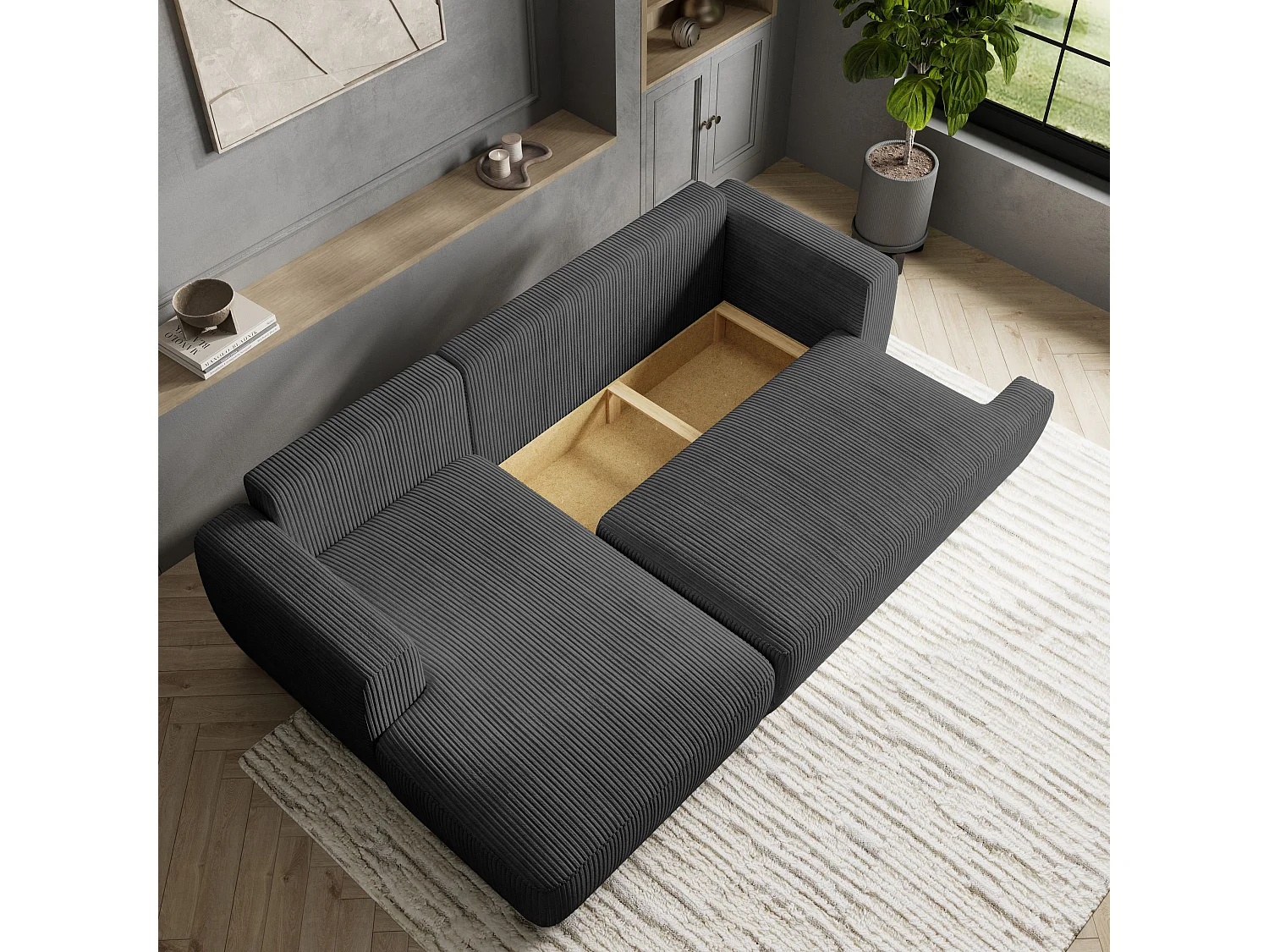 Canapé d'angle SENTI Gris anthracite en velours côtelé avec fonction de couchage